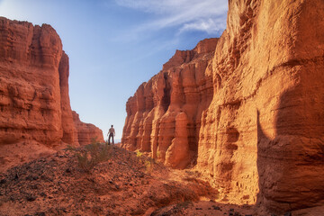 A solitary hiker stands at the stunning and majestic Red Rock Canyon 