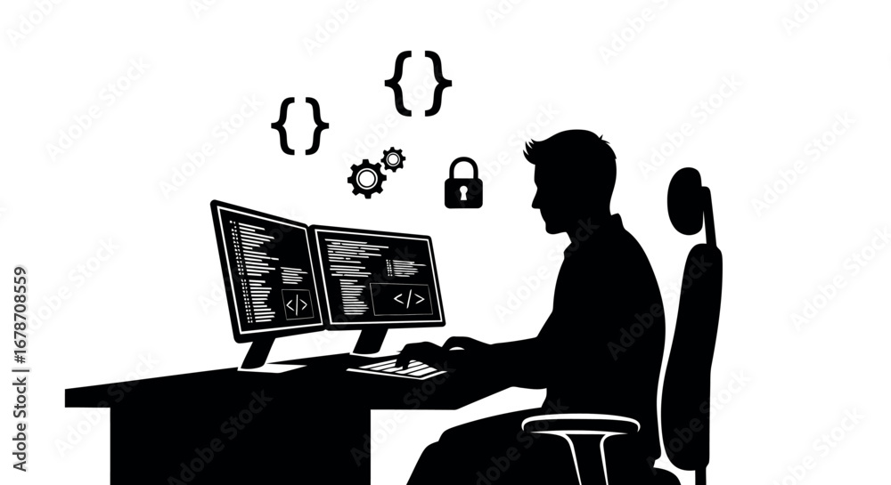 Wall mural silhouette of a programmer working on two monitors vector line art