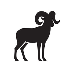 Silhouette of a ram with large horns, isolated on white background, in black color