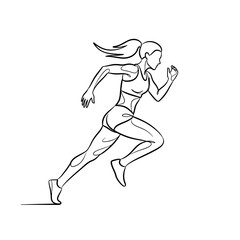 Fototapeta premium Woman running with ponytail, athletic pose, vector line art. out line