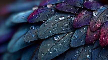 Obraz premium Close-up on vibrant feathers covered in glistening water droplets; gradient from blue to purple