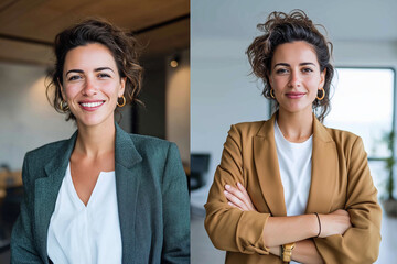 Professional women posing in blazers with confident expressions indoors