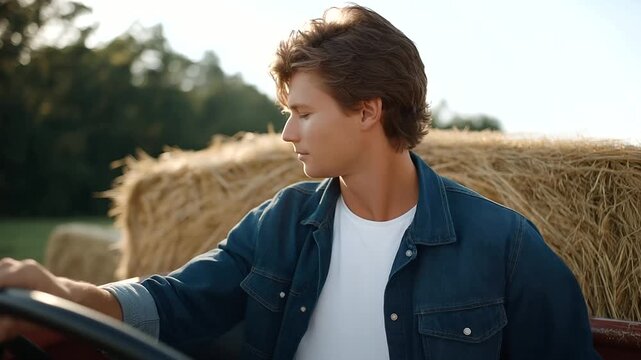 a farm road with tractors and crops cluttered with hay bales soft natural light from the sun a young man hauling natural poses as he drives detailed textures on the hay's stra