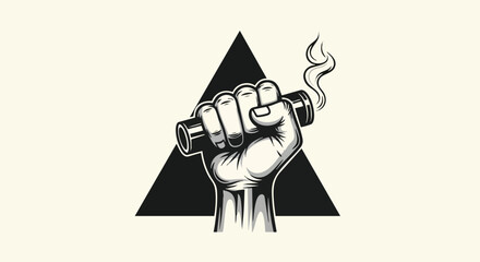 Powerful fist grips vaping device emitting stylized smoke against a bold triangle background