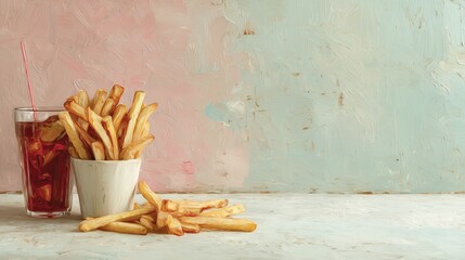 Business growth and customer needs concept with a painting of french fries and soda on pastel background