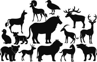Fototapeta premium Collection of wildlife animal silhouettes vector graphic art for nature illustrations silhouette