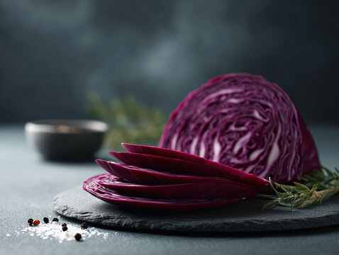 Moody, artistic food still life featuring vibrant red cabbage cut open and sliced on dark slate.  Imagery conveys freshness, health, cooking, and culinary artistry.