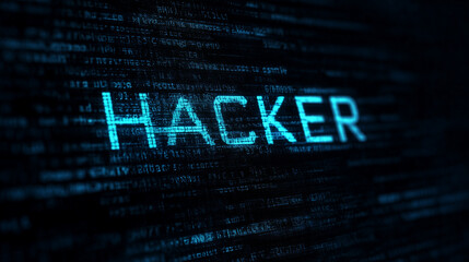 Scritta HACKER su sfondo di codice digitale blu. Concetto di cybercrime, attacco informatico, data breach e sicurezza informatica. Ideale per titoli, banner, blog IT e campagne di awareness.