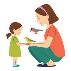 Mother and child gently feeding small birds in a peaceful outdoor scene