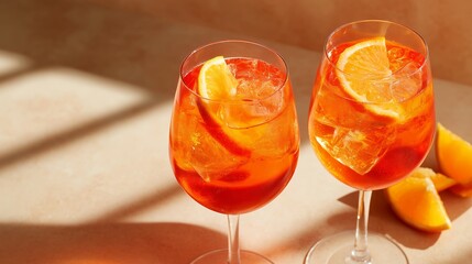 Refreshing cocktails with orange slices in sunlight on a light stone surface