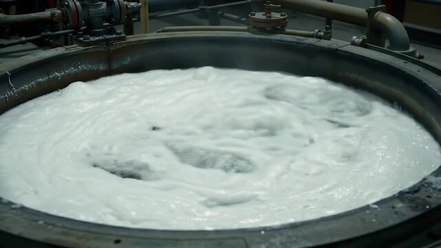 Detailed Close Up of Zinc Flotation Cell Operation with Swirling Milky White Mixture in a Large Tank Depicting Industrial Mining Metallurgy and Chemical Process Over View