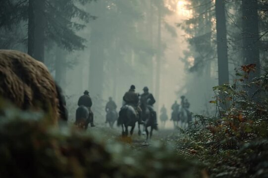 Cinematic still of a small group of Slavic hunters in traditional attire, navigating a dense forest with bows and spears