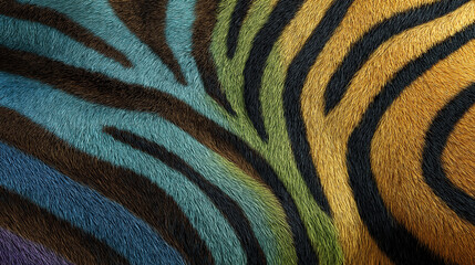 Macro di pelo zebrato multicolore, strisce nere su sfumature blu, verdi e ocra; dettaglio tattile ad alta definizione per moda, pattern, stampa e background.