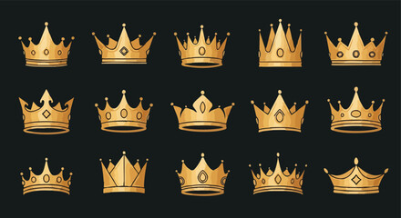 Collection of luxurious golden crowns symbolizing royalty, power, and prestige for regal designs.