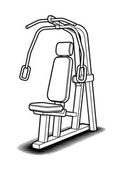 Line drawing of a home gym machine with adjustable seat and padded back