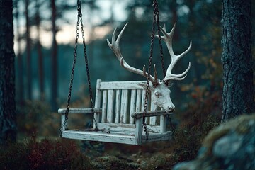 A weathered white wooden swing hangs in a forest, adorned with a deer head