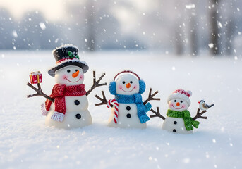 Three cheerful snowmen dressed in winter clothing stand in the snow with a bird on one snowman's arm