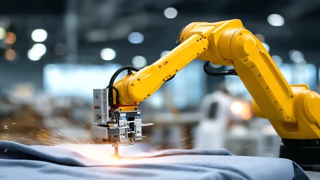 A robotic cutter shapes fabric in a textile factory with blades slicing fabric rolling a digital pattern displayed and workers folding nearby shown in a precise photo with fab
