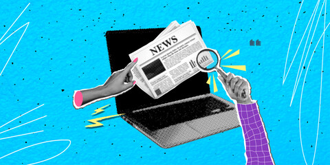 Trendy halftone art collage. Laptop, newspaper, hand pointing at. Another hand holding magnifying glass to search news. Fake press. Reading information online. Modern vector illustration art.