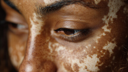 Closeup of female eye with vitiligo skin patches