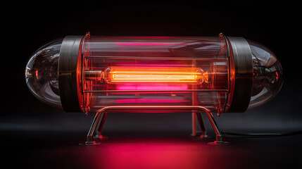 Lampada a infrarossi riscaldatore industriale in vetro con luce tubolare rossa su sfondo nero; prodotto hi-tech per laboratorio, processi termici, energia e test.