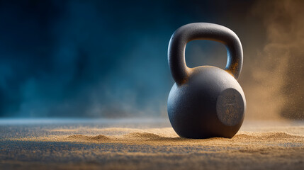 Fototapeta premium A close-up of a kettlebell resting on a dusty or sandy surface, with a blue and orange background, evoking a sense of power and fitness.