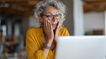 Elderly woman with glasses showing surprised reaction while looking at laptop