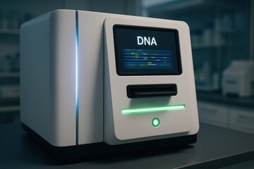 Close-up photo of a modern DNA sequencing machine in laboratory with glowing indicators. Represents biotechnology, medical testing, and genetics research.