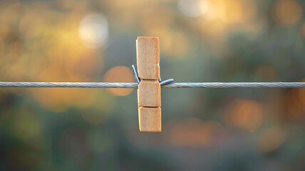 A single wooden clothespin on a wire creates a minimalist focus against a blurred, natural outdoor background.