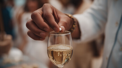 Close up of hand dropping pill into glass of sparkling champagne drink