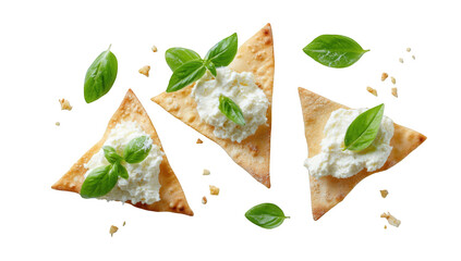 Crisp triangular crackers topped with creamy cheese and basil