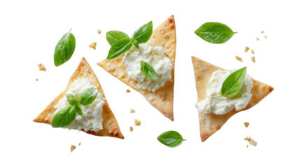 Crisp triangular crackers topped with creamy cheese and basil