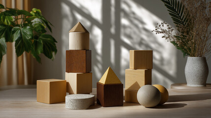 Wooden geometric shapes in natural light. Cube, sphere, and cylinder toys arranged artistically for minimalist aesthetic display.