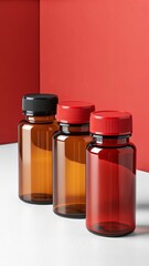 Three amber and red plastic pill bottles with black and red caps on a white surface against a red background