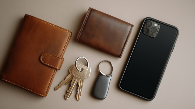Everyday carry essentials: a phone, keys, and brown leather wallets neatly arranged on a neutral surface.