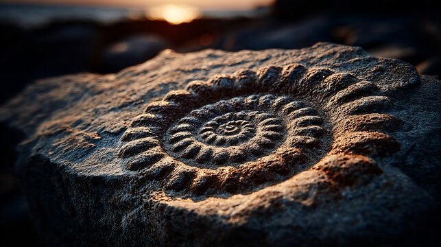 Fossil imprint on weathered stone, sunset backdrop, spiral pattern, nature's artistry, textured rock