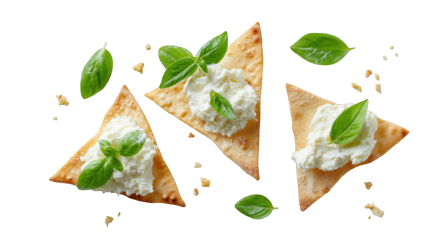 Crisp triangular crackers topped with creamy cheese and basil