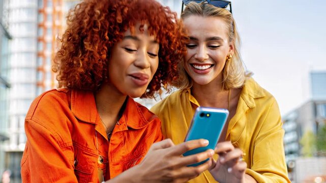 Two stylish young women with bold individuality laugh while looking at a phone on the street, sharing a joyful urban moment full of friendship, fashion, and fun.