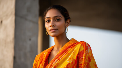 Portrait of woman wearing bright orange patterned wrap standing outdoors in sunlight