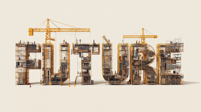 Large word FUTURE under construction with scaffolding and cranes in conceptual artwork