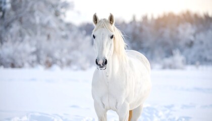 Majestic white horse in a snowy landscape
