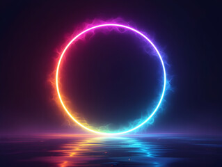 Obraz premium Vibrant Neon Ring of Light with Red Blue and Yellow Hues Reflecting on Water Surface circle glowing