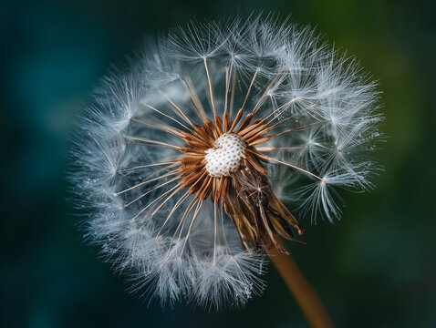 Macro di soffione di tarassaco con semi e pappi dettagliati, bokeh verde e texture naturale; concetto di leggerezza, crescita, primavera e speranza.