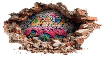 Graffiti-filled hole in a crumbling wall