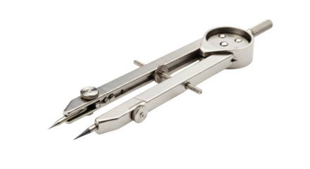 Metal compass tool, with a shiny surface, sits against a black background. Use for educational resources, architectural plans, engineering illustrations.