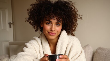 Smiling young woman in bathrobe drinking coffee at home, cozy lifestyle morning wellness relaxation concept