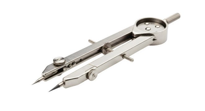 Metal compass tool, with a shiny surface, sits against a black background. Use for educational resources, architectural plans, engineering illustrations.