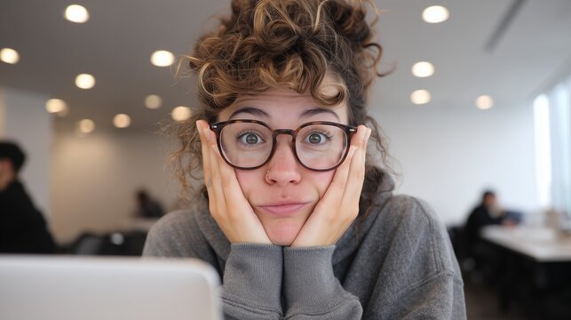Young woman with glasses studying on laptop, funny student expression in library, education stress procrastination concept