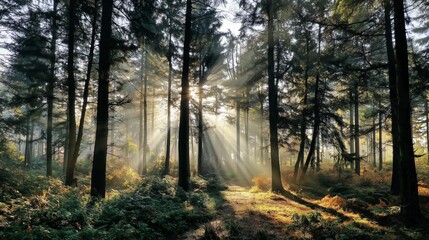 Obraz premium Sunlight filtering through tall trees in a serene forest landscape with lush greenery and shadows