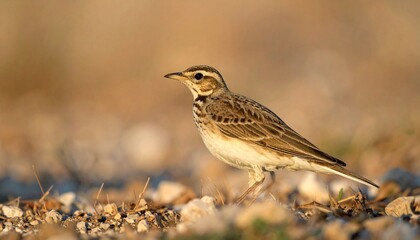 Lark Foraging on Stony Ground at Golden Hour